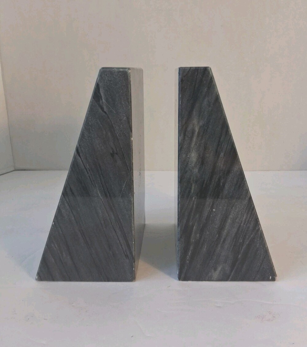 VTG 1980s/90s Postmodern Solid Black Marble Wedge Bookends–Heavy 9+ lbs 2 Pc Set